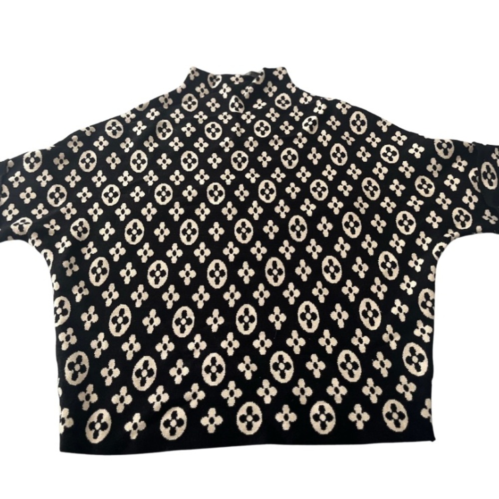 Black and Cream Patterned Turtleneck Sweater